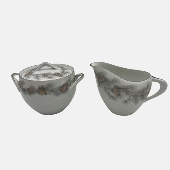 Vintage Sango Fine China Sierra Pines Creamer & Sugar Bowl with Lid Japan 6608 - Picture 1 of 8